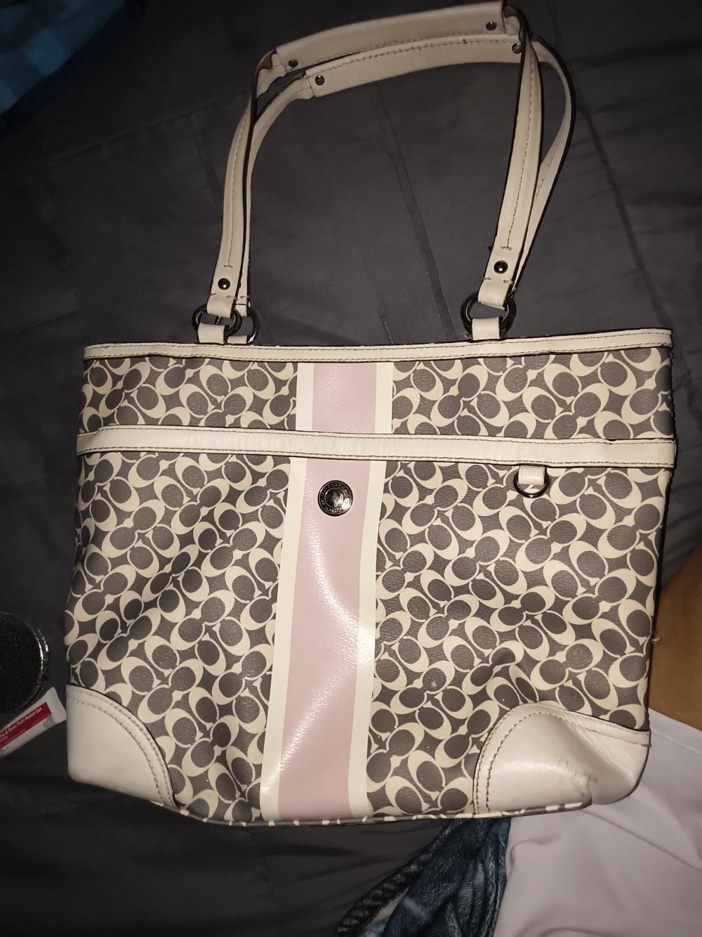 Coach Style Cream/ Gray and Pink Patterned Tote Bag